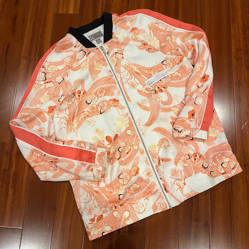 Chelsea28 Bomber Jacket Floral Print Orange Cream Full Zip New NWT Size Small